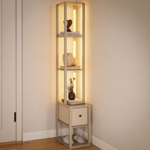 HOMCOM Floor Lamp with Shelves, LED Column Modern Standing Lamp with Fabric Drawer, Adjustable Brightness, Foot Switch for Living Room, Bedroom, Office, Oak