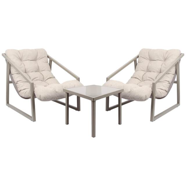 Harbour Housewares Padded Metal Patio Bistro Set with Side Table & 2 Lounge Chairs - Beige - Comfy Outdoor Garden Balcony Conversation Furniture with Cushions
