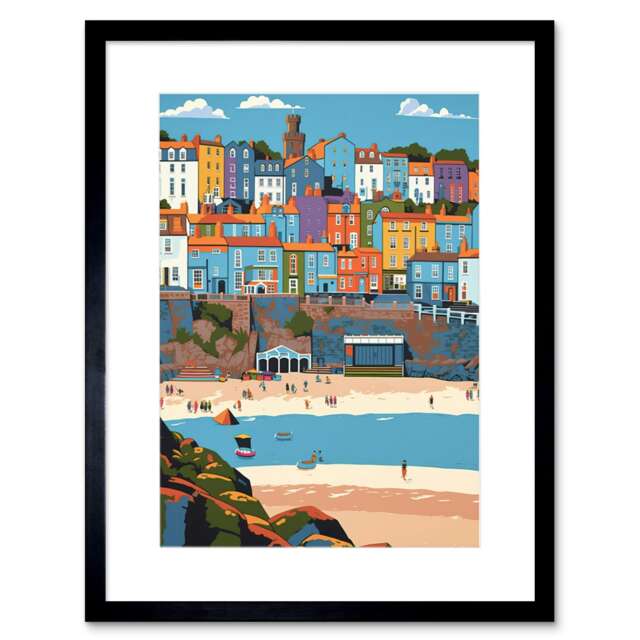 "Tenby Castle Beach Wales Colourful Townscape 9x7"" Black Framed Wall Art Print"
