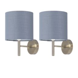 Set of 2 Brea - Antique Brass Wall Lights with Grey Cotton Shades Yellow Grey 2