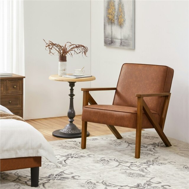 Yaheetech Faux Leather Armchair with Z-shaped Wood Legs and Extra-wide Seat