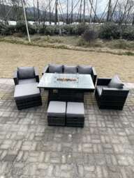 Fimous Outdoor PE Rattan Garden Furniture Gas Fire Pit Dining Table Armchairs With 3 Stools Dark Grey Mixed