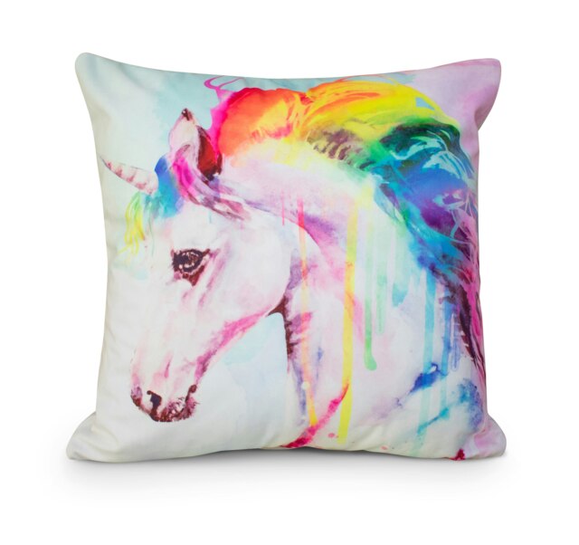 Colourful Unicorn Printed Cushion - 43cm x 43cm Multi Rainbow Hair Unicorn