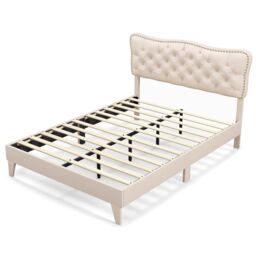 COSTWAY King Size Bed Frame Wooden Slat Bed Platform Upholstered Button Tufted Headboard
