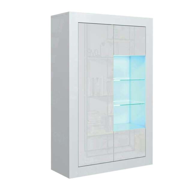 White Display Cabinet 93cm Gloss Doors Free LED Modern Storage Unit White