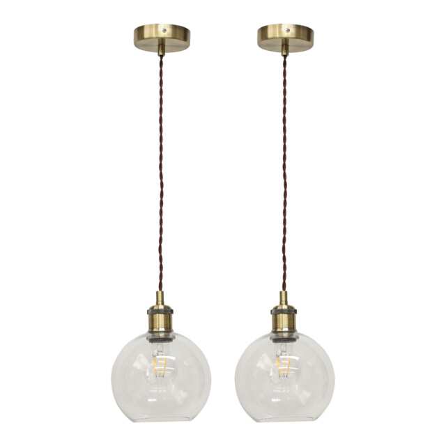 Set of 2 Barnum - Clear Glass Globe Antique Brass Retro Pendants