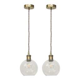 Set of 2 Barnum - Clear Glass Globe Antique Brass Retro Pendants