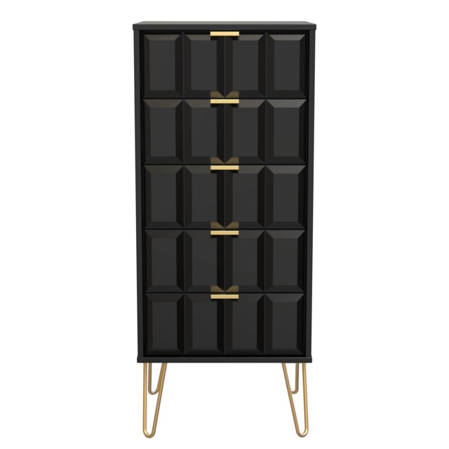 Metro 5 Drawer Tall Bedside Cabinet in Deep Black & Black Matt (Ready Assembled) Black Deep Black & Black Matt