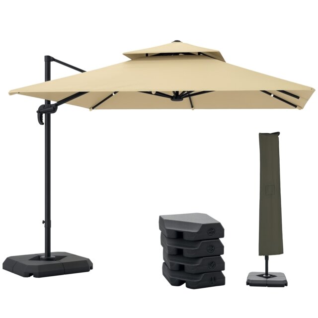 Outsunny 2.7 x 2.7 m Cantilever Parasol with Aluminium Frame, Crank and Tilt, 360-Degree Rotation, Double Top Garden Umbrella with Base and Cover Brown Khaki