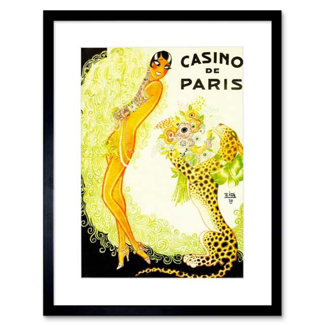 "Music Hall Paris Showgirl Leopard Cat Casino 9x7"" Black Framed Wall Art Print"