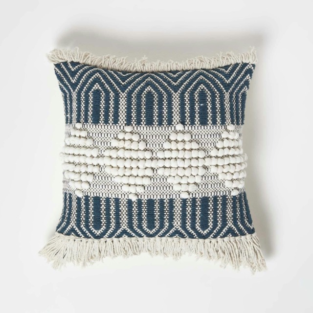 Homescapes Safi Handwoven Fringed Navy & Cream Kilim Cushion - 45 x 45 cm Blue Cream, Navy 1