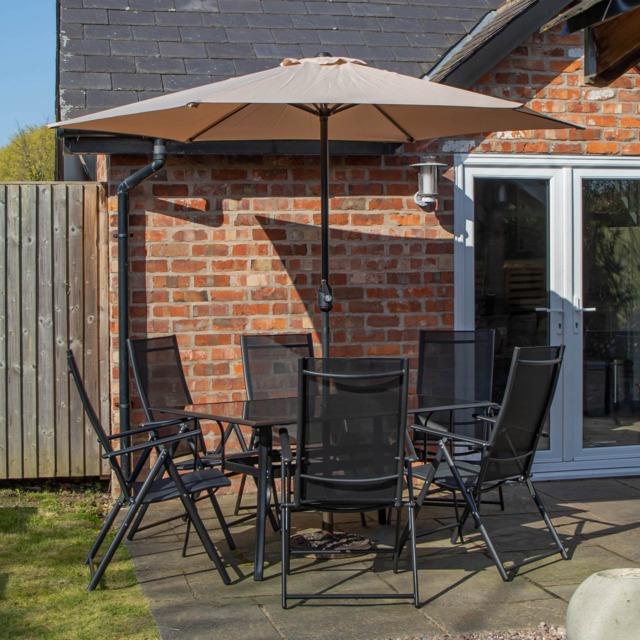 Outdoor 6 Person Rectangular Glass Top Garden Patio Dining Table Chairs With Cream Parasol and Base Set