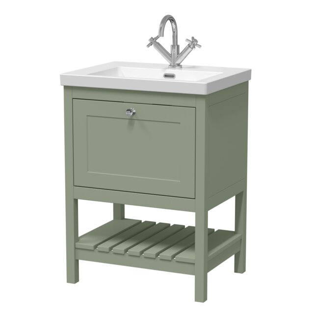 Balterley Coppenhall Contemporary 1 Drawer Floor Standing Vanity Unit with Fireclay Basin, Fern Green, 600mm