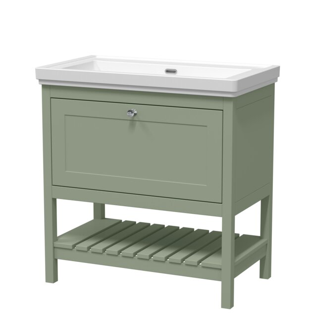 Traditional Furniture Floor Standing 1 Drawer Vanity & 0 Tap Hole Fireclay Basin, 800mm, Fern Green Green