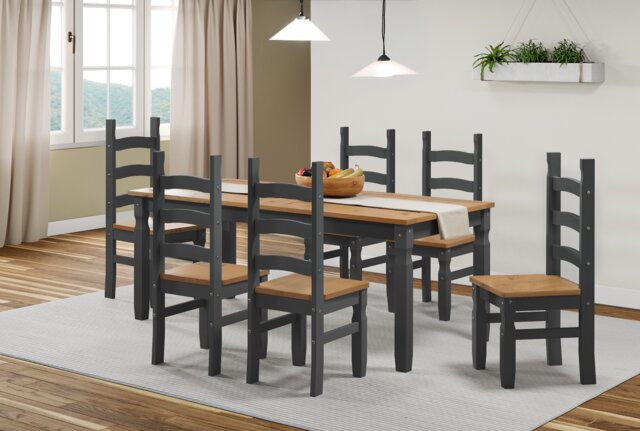 Mercers Furniture Corona Charcoal 6'0 Dining Table & 6 Chairs Set Solid Wood Mexican Pine Wooden Long Large Kitchen Dark Grey