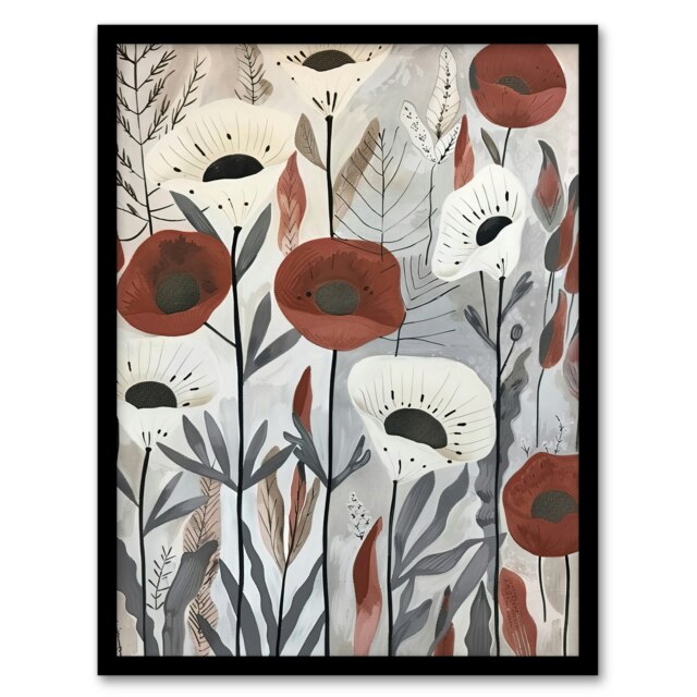 Red White Poppy Flower Field Floral Home Decor Black Framed Wall Art Print A4