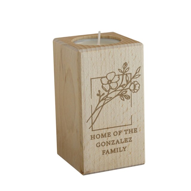 Personalised Floral Bouquet Wooden Tealight Holder Brown