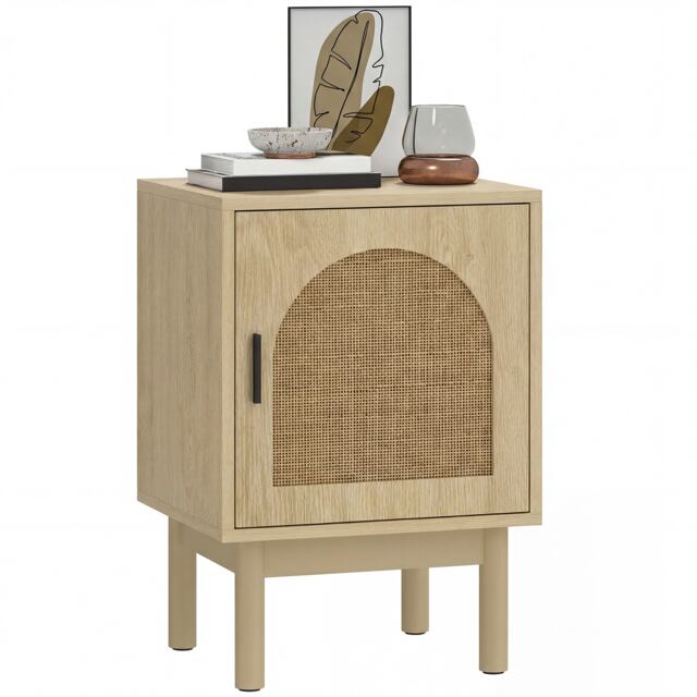 HOMCOM Boho Bedside Table with Rattan Door and Adjustable Shelf, Natural