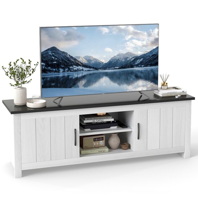 COSTWAY 57 Inch TV Console Table 2 Doors TV Stand for TVs up to 65 Inch Black