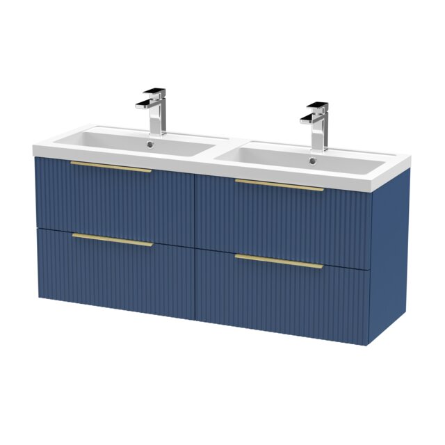 Balterley Fluted Front Wall Hung 4-Drawer Bathroom Vanity Unit with Double Basin, Handles Blue Satin Blue