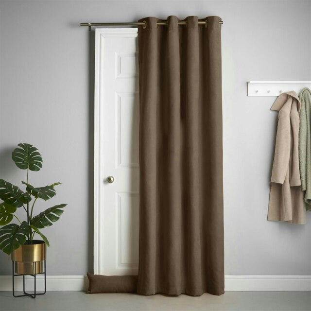 Velvet Chenille Thermal Fleece Lined Single Ring Top Door Curtain - 137cm x 213cm - Chocolate
