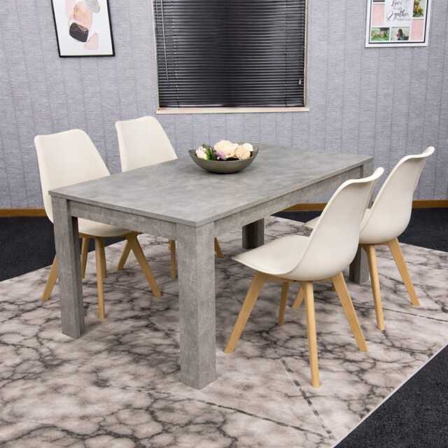 Stone Grey Effect Wood Dining Table Set with 4 Cream Plastic Chairs Modern Dining Room Furniture