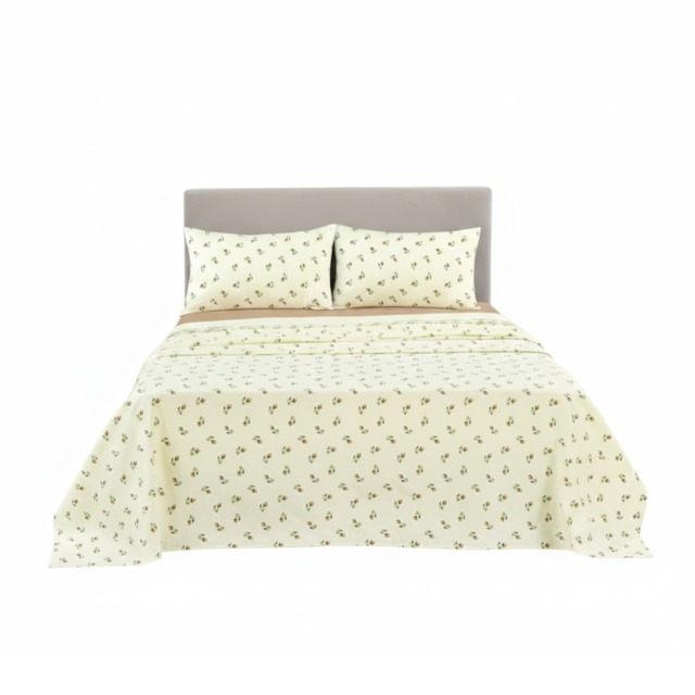 Soft Floral Brushed Cotton Fitted Flat Sheet And Matching Pillowcases Cream Double