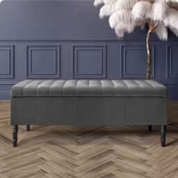 120cm Paris Striped Ottoman Storage Bench- Plush Velvet Shoe Bench - Steel Grey Upholstery Footstool with Storage