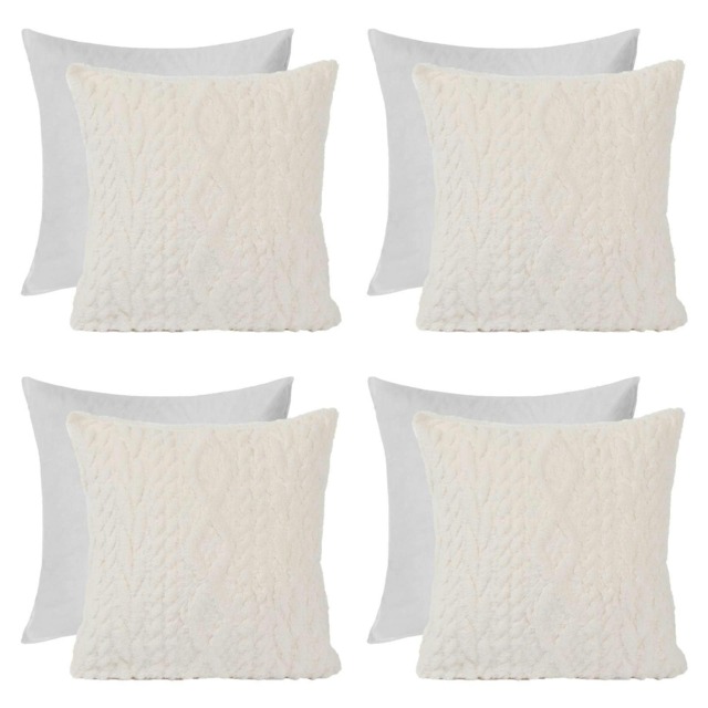 OHS 4 x Cable Knit Sherpa Texture Filled Cushions, 45x45cm - Cream