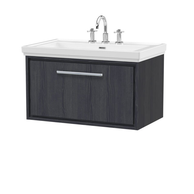 Balterley Longnor 1 Drawer Wall Hung Vanity Unit with 3 Tap Hole Traditional Fireclay Basin, Woodgrain Graphite Grey, 800mm