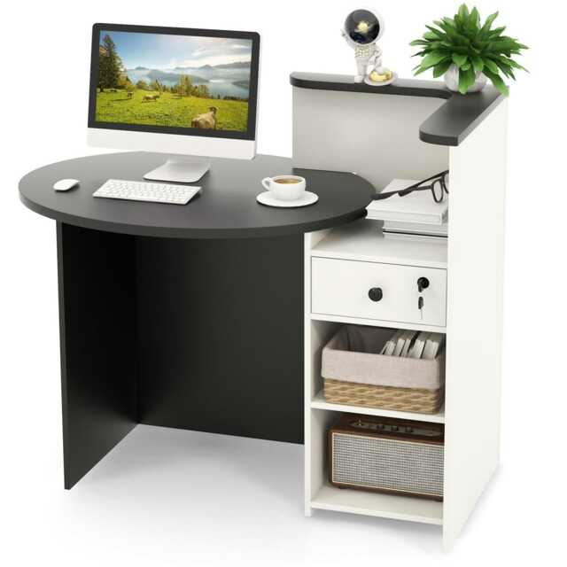 COSTWAY Reception Desk with Lockable Drawer Black Black