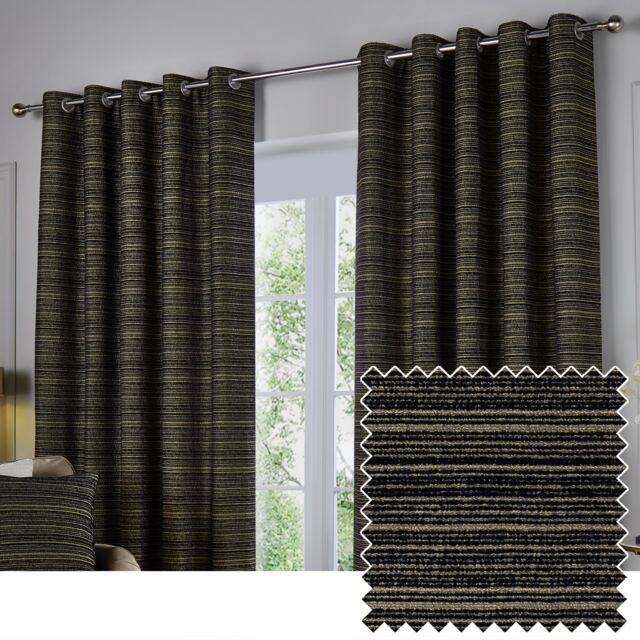 Paoletti Jupiter Chenille Jacquard Eyelet Curtain Pair Black/Gold (W)168cmx (D)183cm Black Black/Gold One Size