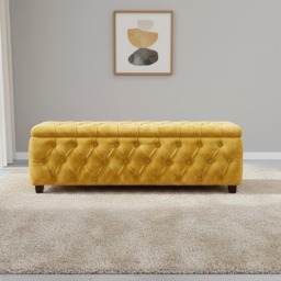 90cm Riga Ottoman Storage Box with Wooden Legs, Mustard Gold Velvet Upholstered Chesterfield Storage Ottoman Box