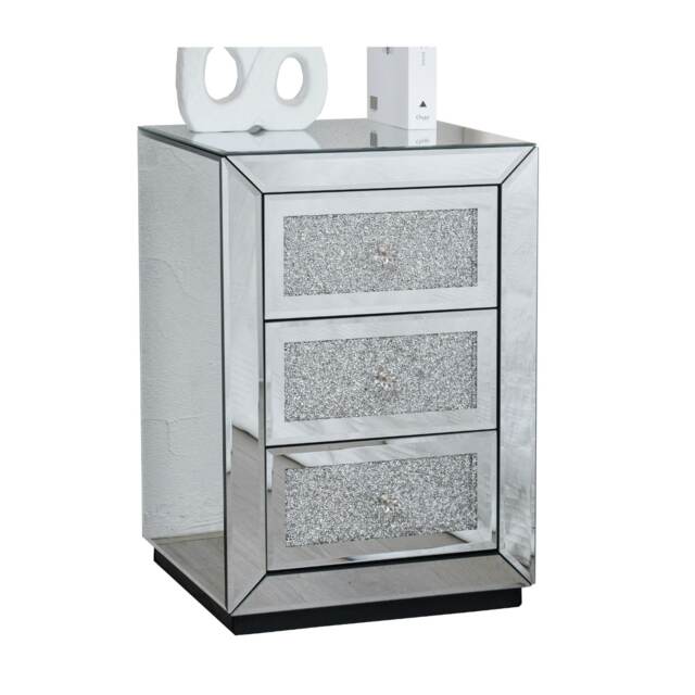Diamond Crystal Mirrored 3 Drawer Bedside Table