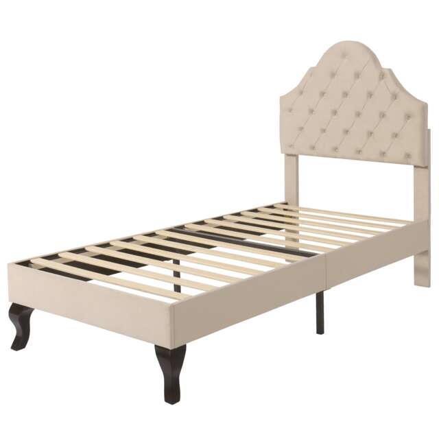 Abrihome Beige Velvet Upholstered Single Bed 90x190cm – Adjustable Headboard, Wood Slatted Frame, Easy Assembly