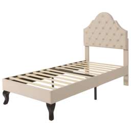 Abrihome Beige Velvet Upholstered Single Bed 90x190cm – Adjustable Headboard, Wood Slatted Frame, Easy Assembly