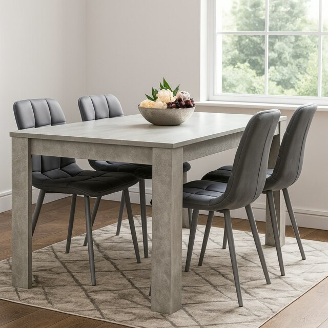 Dining Table with 4 Grey Velvet Chairs Stone Grey Effect Wood Table Set for Dining Room Grey 5