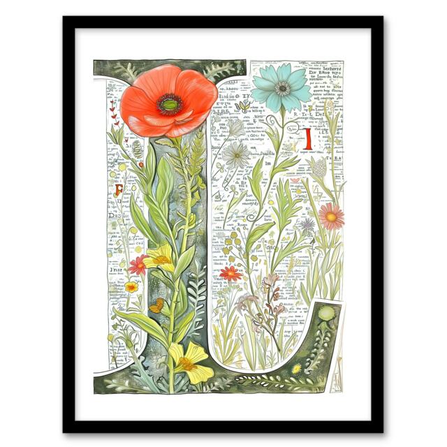 Letter L Flowers Botanical Floral Birthday Gift Mum Black Framed Wall Art Print A4