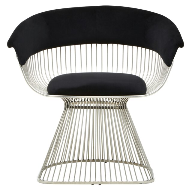 Orsina Black Velvet and Silver Frame Chair, Plush Curved Black Velvet Seat, Sleek Stainless Steel Silver-Leg