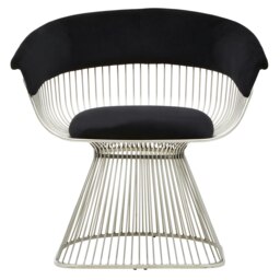 Orsina Black Velvet and Silver Frame Chair, Plush Curved Black Velvet Seat, Sleek Stainless Steel Silver-Leg