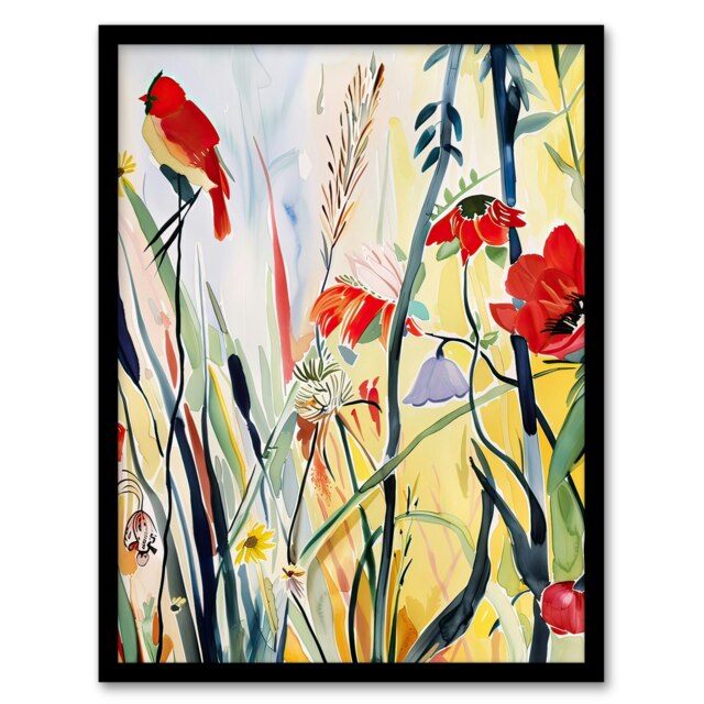 Northern Cardinal Bird Watercolour Spring Black Framed Wall Art Print A4