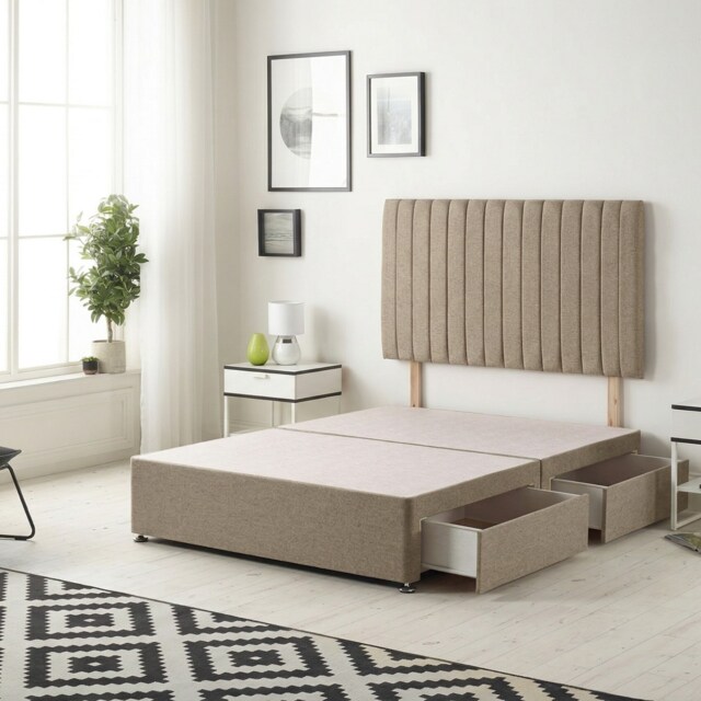 Texas Divan Bed Base with 2 Drawers & 30 Inch Headboard Tweed Fabric Brown Natural