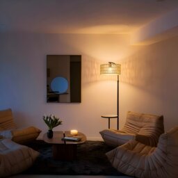 LuminexDesigns Adjustable Floor Lamp with Shelf - 152-176CM Black Rattan Pole Light (No Bulb)