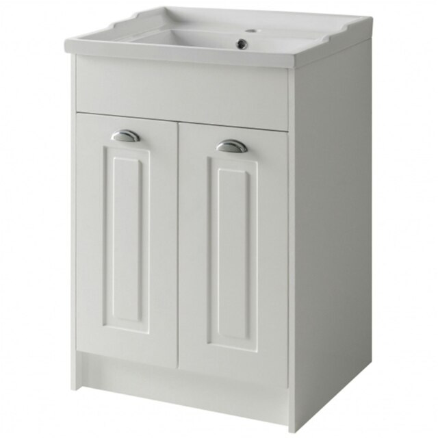 Traditional Bathroom Floor Standing 2 Door Vanity Unit and Ceramic Basin 600mm - White - (Aberdeen) White White 1