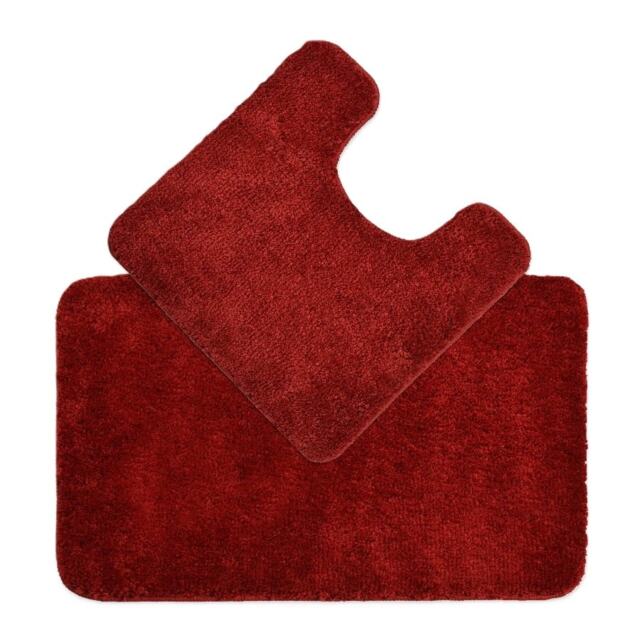 Luxury Microfibre Deep Pile Bath Mat and Pedestal Set - Non Slip Red Wine