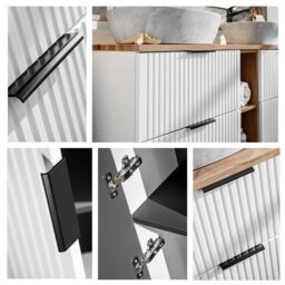 Bathroom Cabinets 600mm Vanity Unit with Sink Oak Effect Worktop Tallboy Wall Storage White Ribbed Fluted Furniture Set Adel