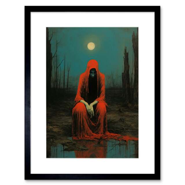 "Charon Red Cloaked Figure Barren Landscape 9x7"" Black Framed Wall Art Print"