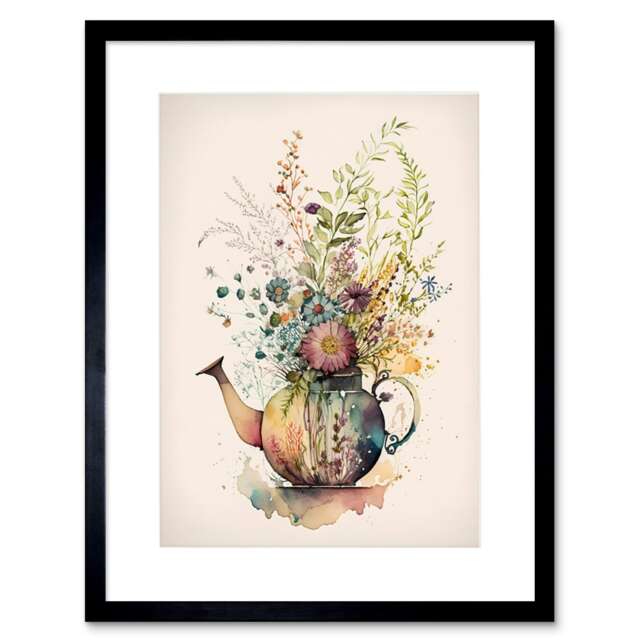 "Wildflower Floral Spring Bouquet a Teapot Vase 9x7"" Black Framed Wall Art Print"