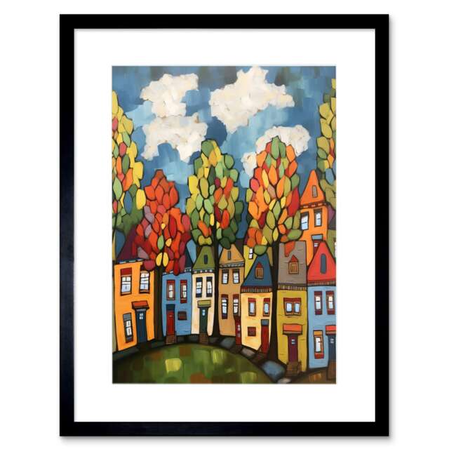 "Village Houses Autumn Trees Bright Folk Art 9x7"" Black Framed Wall Art Print"