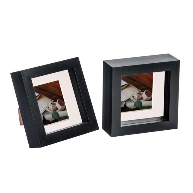 "Nicola Spring 4 x 4"" Photo Frames - Black/Ivory Mount - 3D Picture Frame Box Portrait Display Case (12.5 x 12.5cm) Set of 2"
